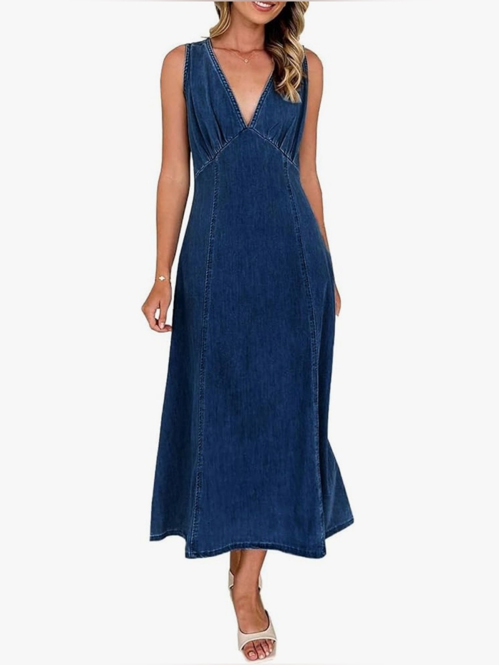 Sleeveless V-Neck Denim Maxi Dress - dark Blue